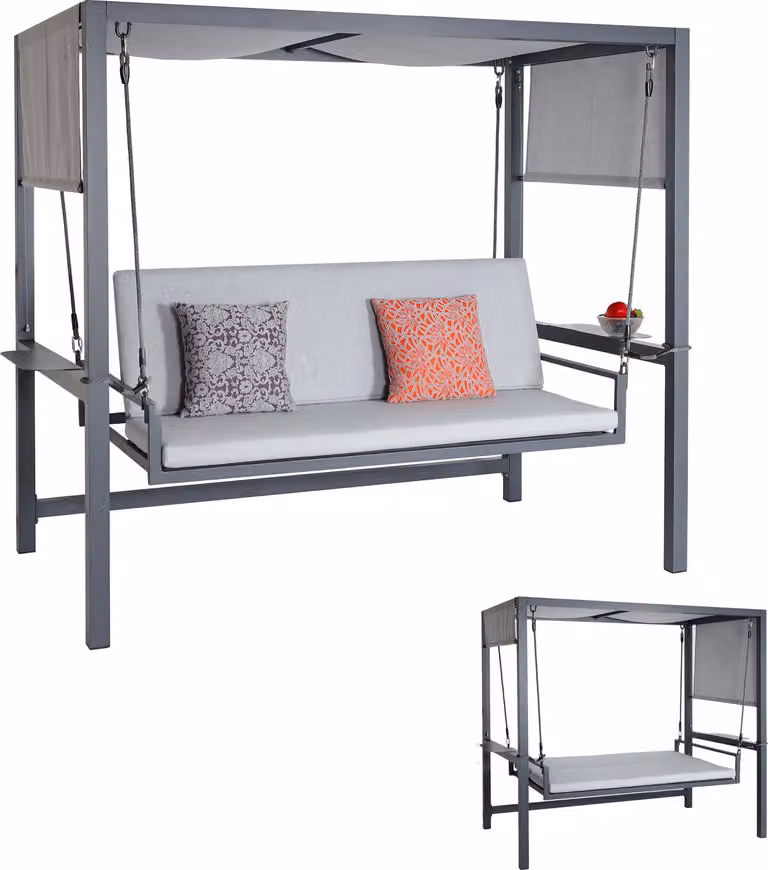 Altalena hollywood in alluminio MCW-L47, altalena da giardino sospesa con funzione lettino, tetto in tessuto olefinico 195x221x131 cm, imbottitura grigia