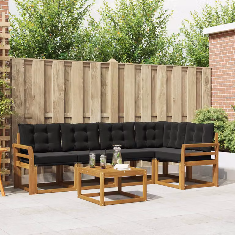 Set di divani da esterno vidaXL 6 pz a forma di L con tavolo da caffè, in legno di acacia trattato e tessuto textilene, colore marrone e nero