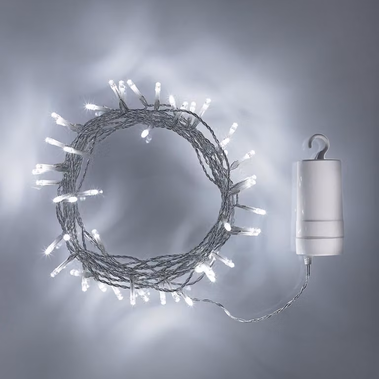 Catena luminosa a LED, 100 LED bianchi freddi, 9,9 metri, alimentata a batteria