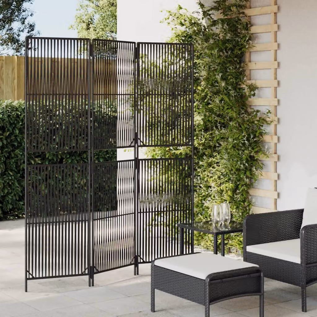 Divisorio per ambienti vidaXL a 3 pannelli in polyrattan nero con struttura in metallo H: 180 cm, L: 147 cm, P: 3 cm