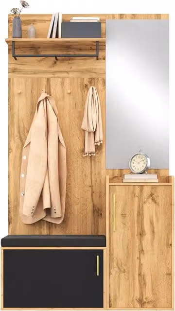 Mobile Ingresso con Scarpiera e Specchio Guardaroba Compatto con Panca Imbottita Rovere e Nero 100x38x185 cm