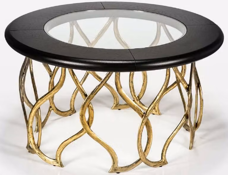 Tavolino Casa Padrino nero/ottone Ø 100 x H. 45 cm - Tavolino da salotto rotondo con piano in vetro - Mobili da salotto