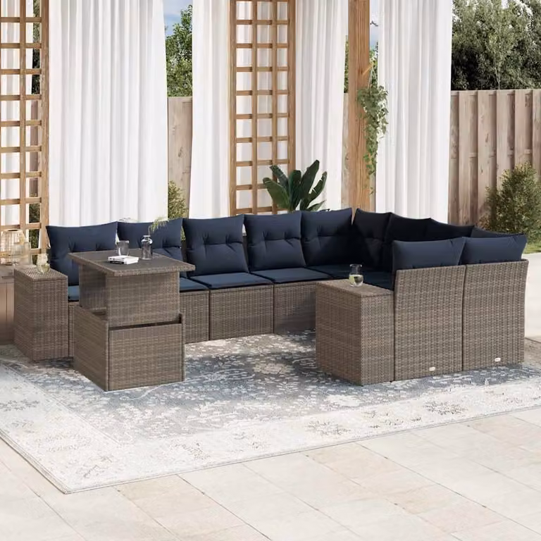 Set di divani da giardino vidaXL in polyrattan con cuscini e tavolino da esterno, composizione a L, grigio e blu