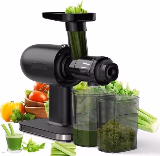 Centrifuga frutta e verdura - Pressione fredda - Lenta centrifuga succhiatrice - Potente motore - Funzione di inversione - Alta produzione succo - Facile da pulire - Set di spazzola e pannelli - Nero