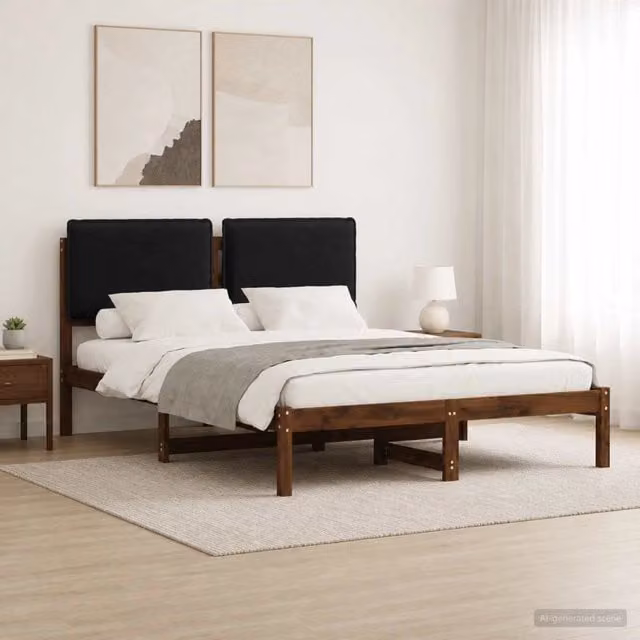 Letto moderno vidaXL con struttura in legno di acacia e testiera rivestita in tessuto, Marrone e Nero, L 120 x P 200 cm – 1