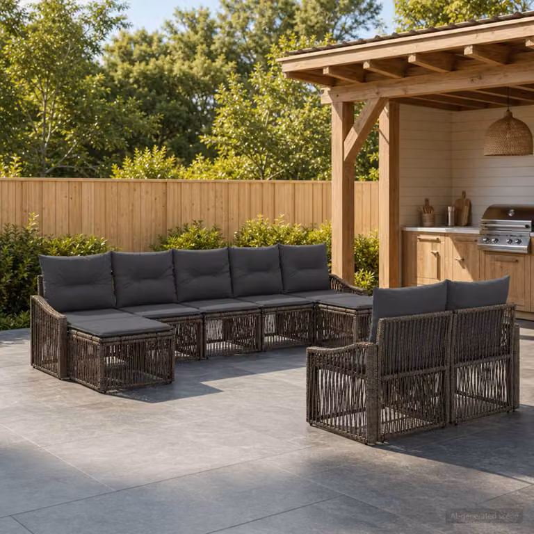 Set Divano da Giardino vidaXL 9 pz a Forma a U Grigio con Cuscini e Struttura in Metallo e Polyrattan