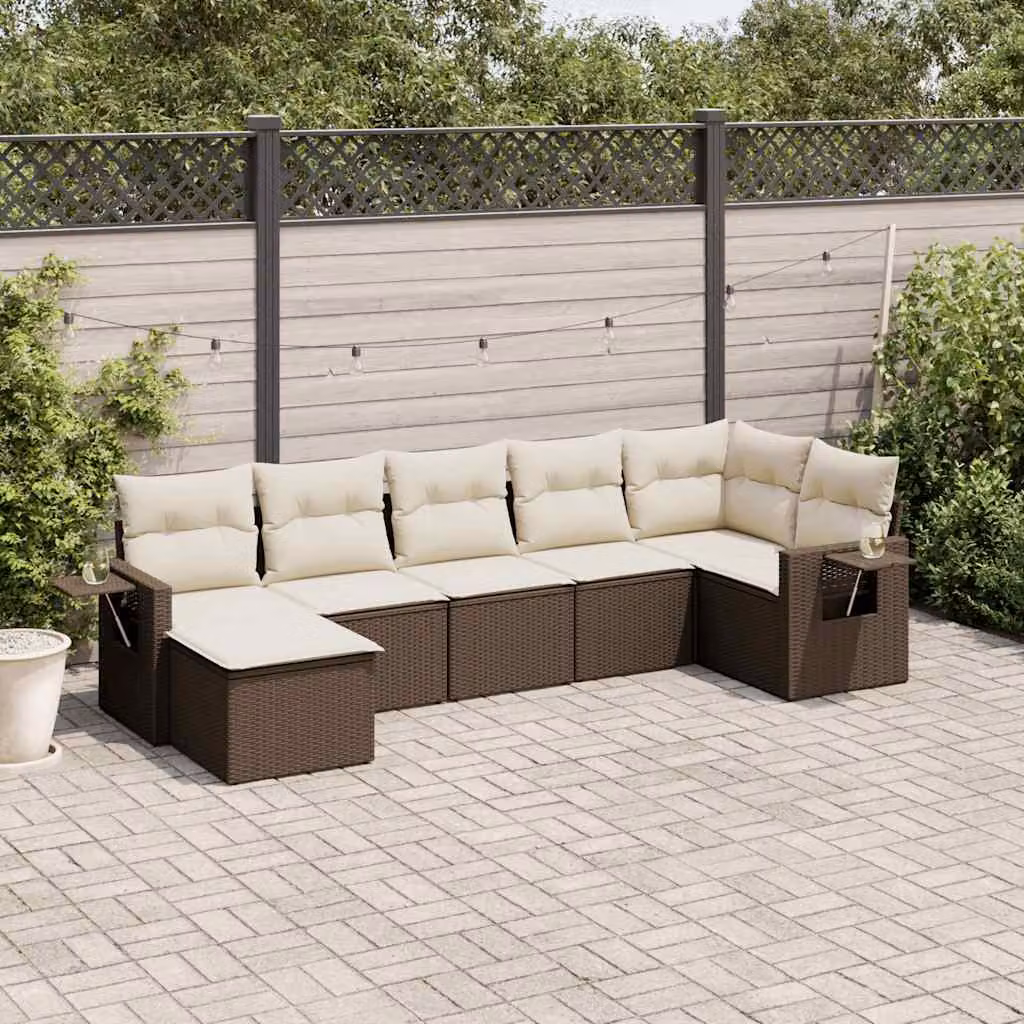Set di divani da giardino vidaXL in polyrattan marrone e bianco con cuscini, composizione a L con elementi angolari e pouf – 1