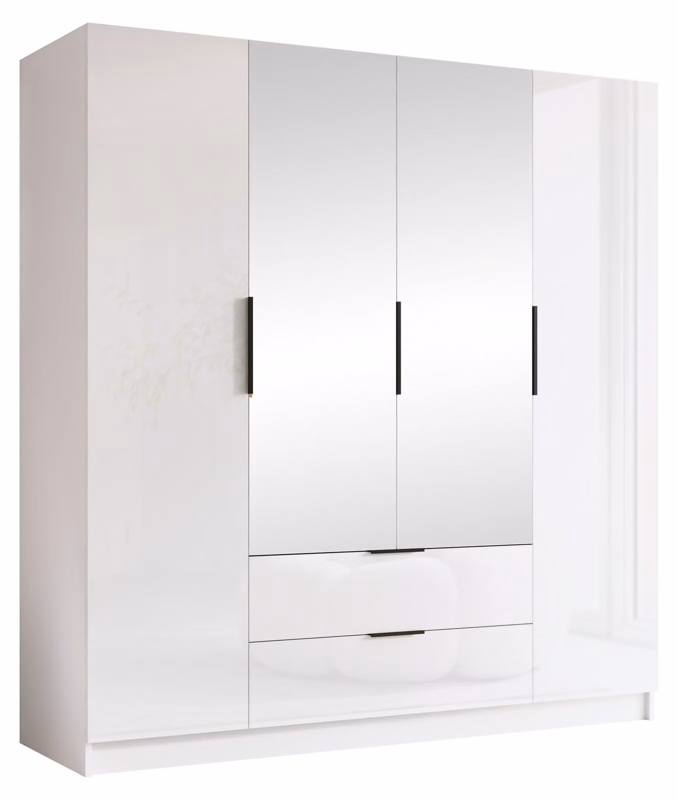 MIRJAN24 Armadio Sofia II 200, camera da letto, con specchio, armadio a ante battenti, con asta appendiabiti, moderno, guardaroba, maniglie in metallo (colore: bianco / bianco lucido + nero)