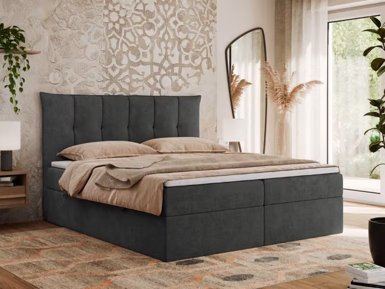 MKS MEBLE Letto boxspring 180x200 con contenitore e materasso H3, letto imbottito 180x200 con contenitore, letto 180x200 con spazio contenitivo e topper - Premium-10 - Grigio scuro strutturato