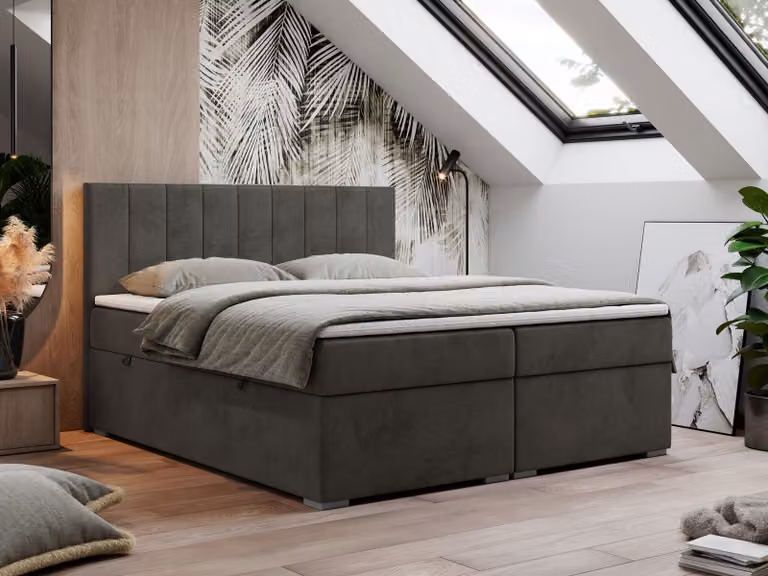Letto boxspring 200x200, letto 200x200 con materasso e coprimaterasso, letto boxspring con cassetti, letto matrimoniale - LOPE - 200x200 - Grigio scuro - Velvet - H4