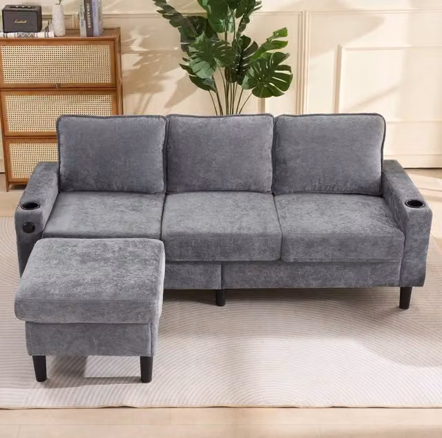 Divano angolare a L con poggiapiedi; USB e Type-C; 202x137x80 cm; lino grigio