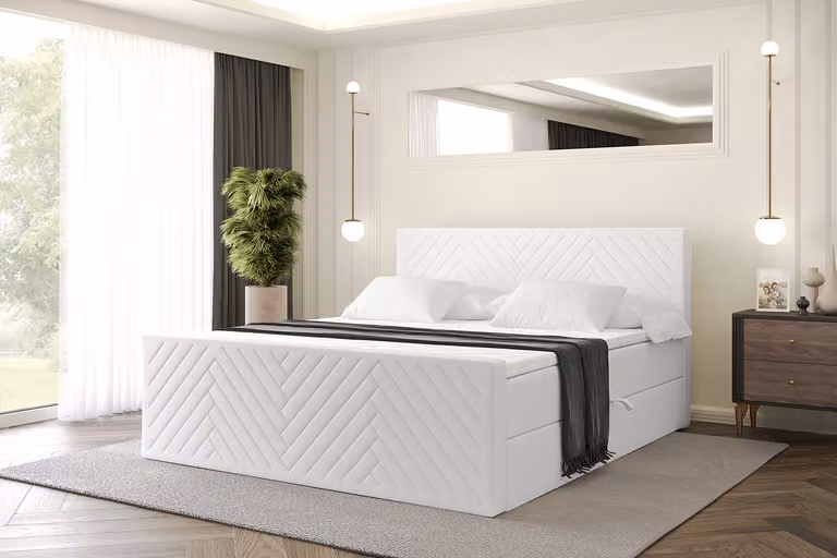 Letto boxspring ALTDECOR con materasso e rete a doghe, topper, letto imbottito con contenitore, letto con spazio contenitivo e materasso H4, letto matrimoniale, letto a cassettoni - VEXA-Z - 180x200 - Ecopelle bianca