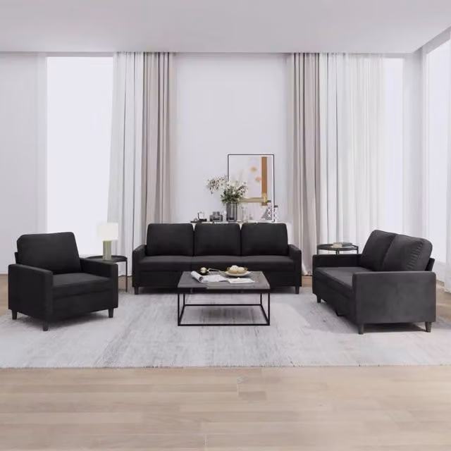 Set di divani 3 pezzi vidaXL in velluto nero con cuscini per soggiorno moderno