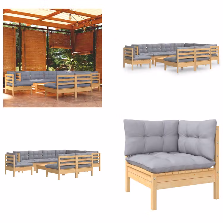 vidaXL Set salotto da giardino 10 pezzi con cuscini grigi in pino massiccio - Set salotto da giardino - Set salotto da giardino - Set mobili da giardino - Set mobili da giardino