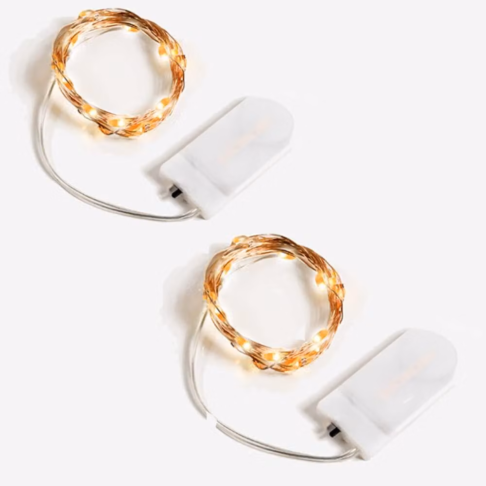 Catena luminosa a LED, 2 metri, 20 LED bianco caldo, confezione da 2, alimentazione a batteria