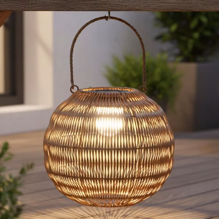Sfera solare per esterni con effetto intrecciato e lampadina LED - 27 cm - Lampada sferica da giardino con gancio per appendere, luce bianca calda