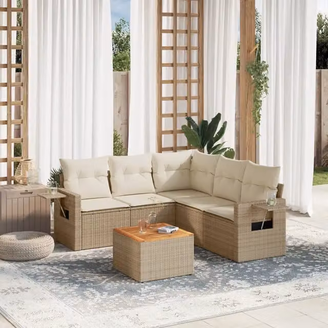 Set Divano da Giardino a L vidaXL in Polyrattan Beige con 6 Pezzi e Cuscini Inclusi