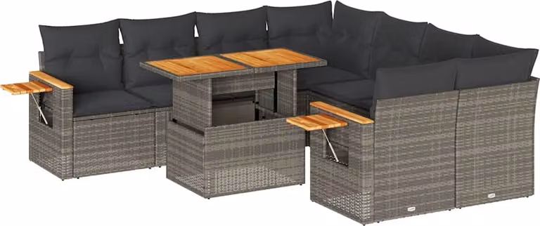 Set Divano da Giardino 9pz con Cuscini Grigio Polyrattan Acacia