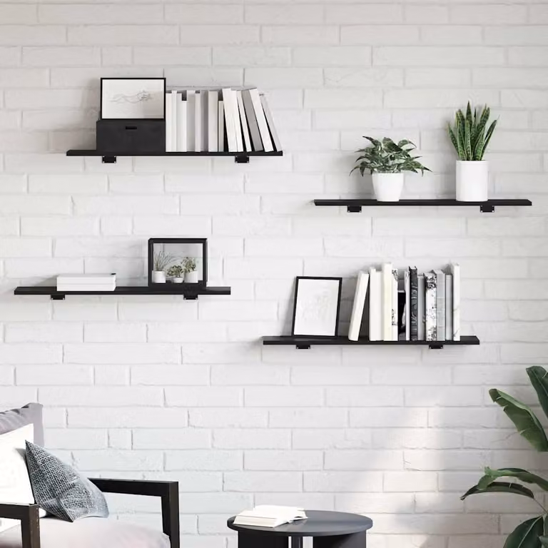 Set di 4 scaffali a parete vidaXL in legno ingegnerizzato nero opaco, L 80 cm x P 20 cm x H 1,5 cm