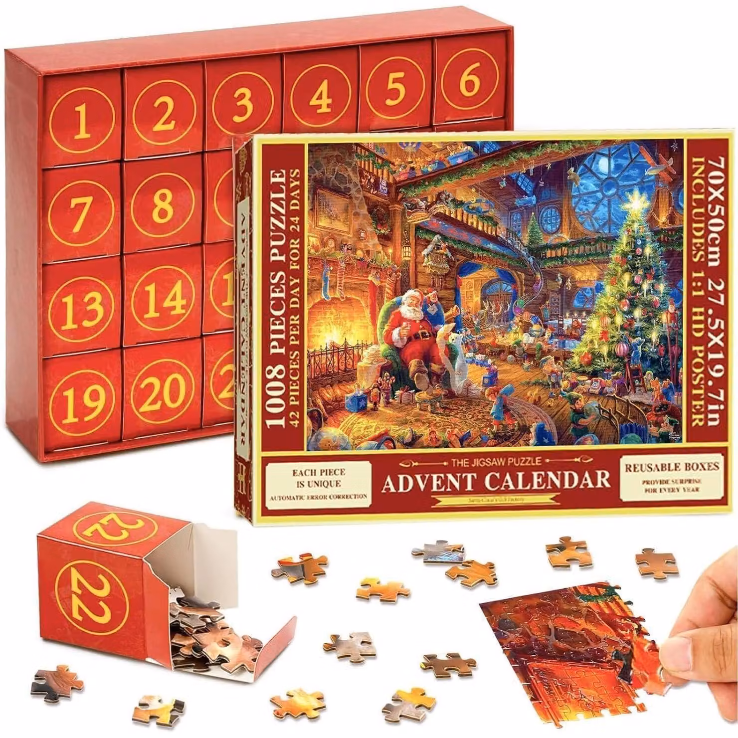Calendario dell'Avvento, puzzle da 1008 pezzi, con immagini di Babbo Natale e di un albero di Natale