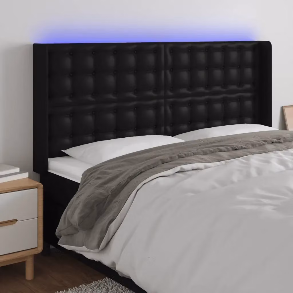 Testata letto moderna in similpelle nera con illuminazione LED integrata e porta di ricarica USB, L: 147 cm, P: 16 cm, H: 118/128 cm – 2