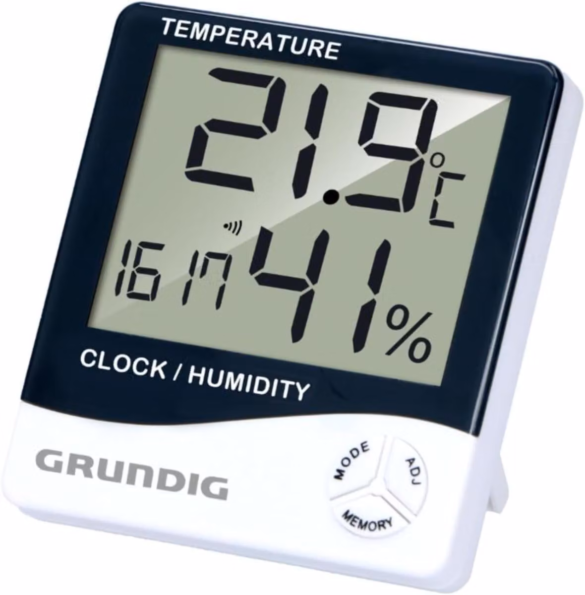 Stazione meteo digitale Grundig - Termometro e igrometro per interni ed esterni - Stazione meteo wireless con sveglia e orologio - Display LCD - 9,5 x 10,5 x 2 cm - Bianco/Nero