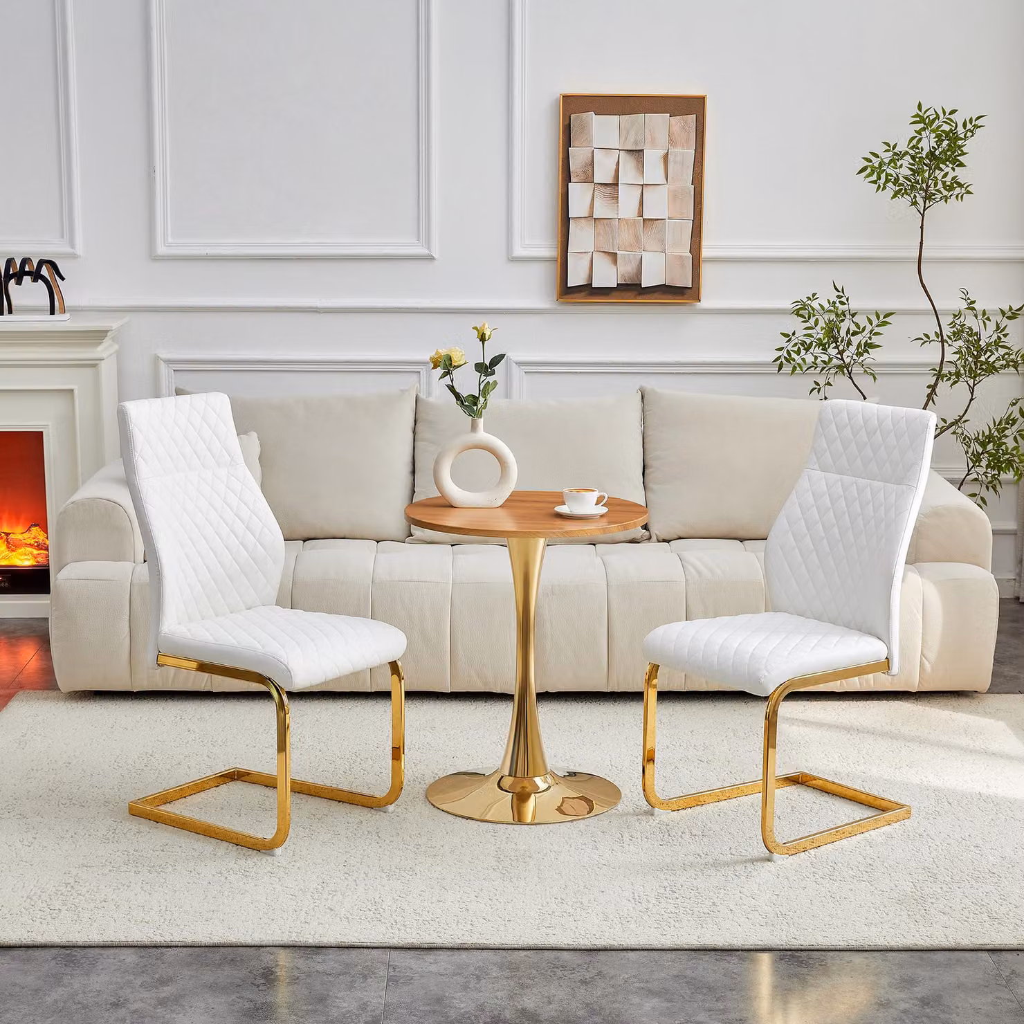 Set tavolo e sedie, tavolo rotondo da 60 cm, MDF, effetto legno, 2 sedie con motivo a rombo, struttura in metallo (bianco e oro, legno)