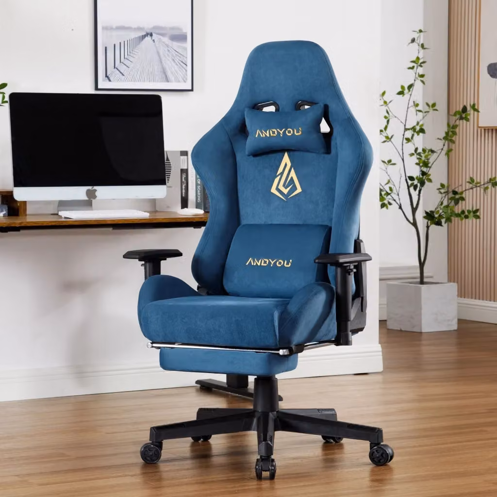 Sedia da Gaming ANDYOU Blu, Poltrona da Ufficio Ergonomica con Poggiapiedi, Schienale con Poggiatesta e Ruote, Regolabile in Altezza e Girevole a 360 gradi – 2