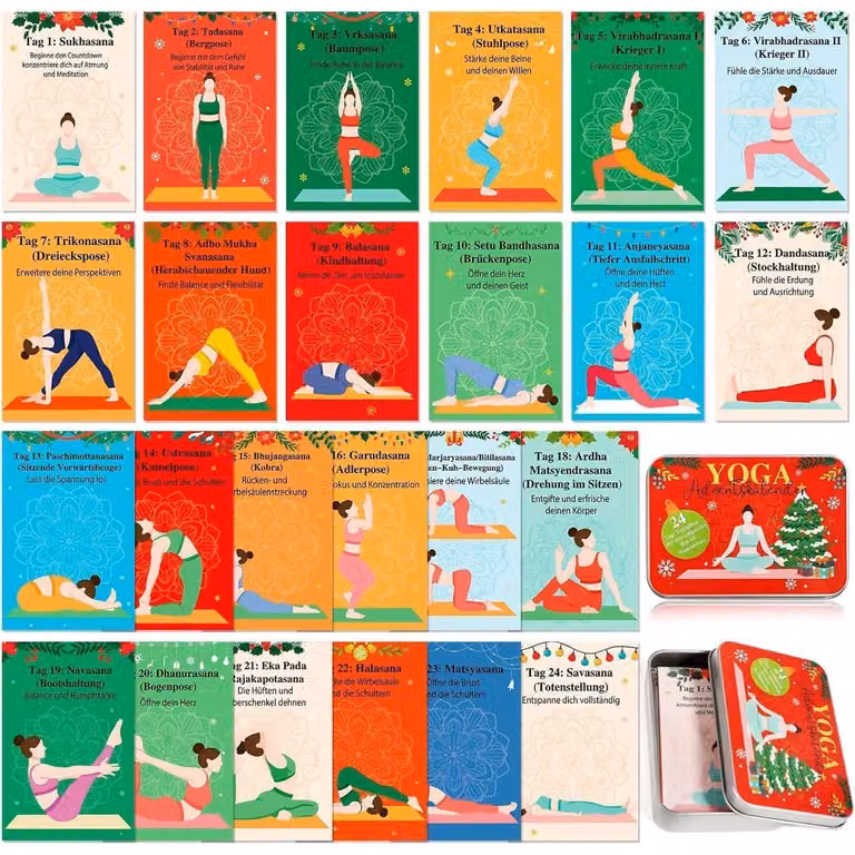 Calendario dell'Avvento Yoga 2025 con 24 mini-esercizi di yoga, confezionato in una scatola di metallo