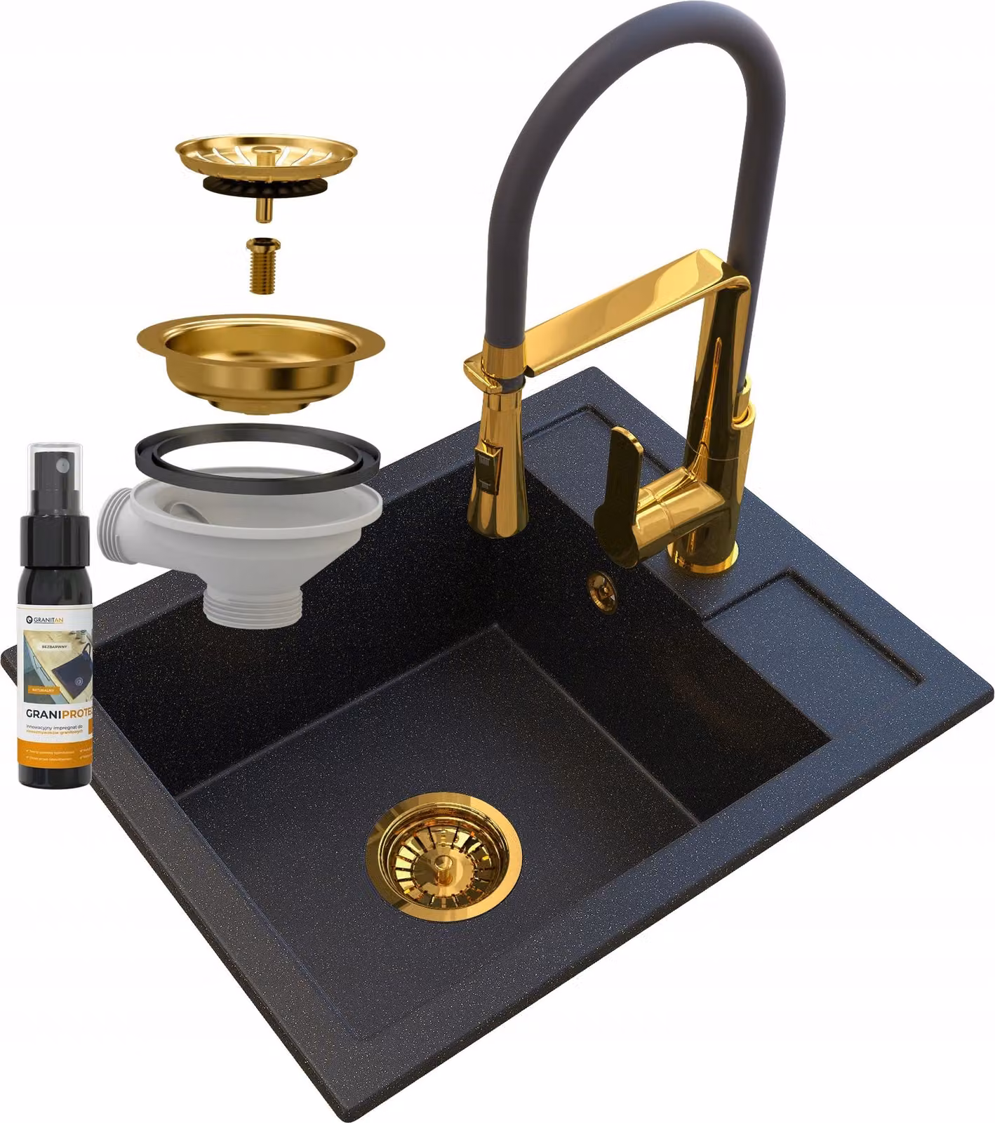 Granitan - Lavello in granito - Lavello da cucina - 50x40 cm - Nero - con rubinetteria FULL GOLD - Lavello - BEST
