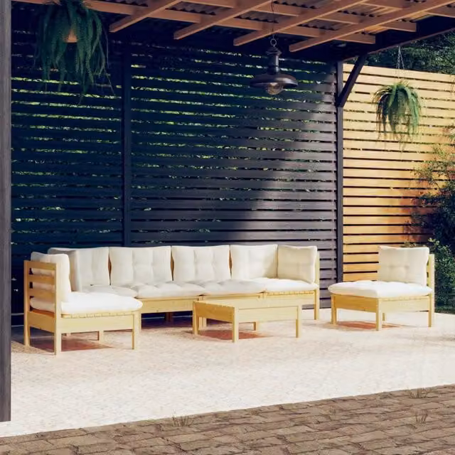 Set Divani da Giardino 7 pz con Cuscini Crema Massello di Pino 3096202