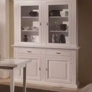 Credenza cristalliera Shabby Chic KIVIO in legno e vetro bianco opaco con 2 ante in vetro e 2 cassetti H: 177 cm, L: 220 cm, P: 48 cm