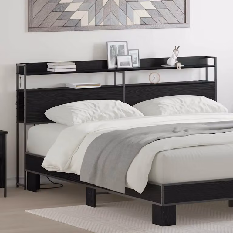 Testata del letto con contenitore vidaXL in legno ingegnerizzato e metallo, colore nero opaco, con illuminazione integrata, ripiano laterale e porta di ricarica USB, L: 200 cm, H: 98 cm, P: 15 cm