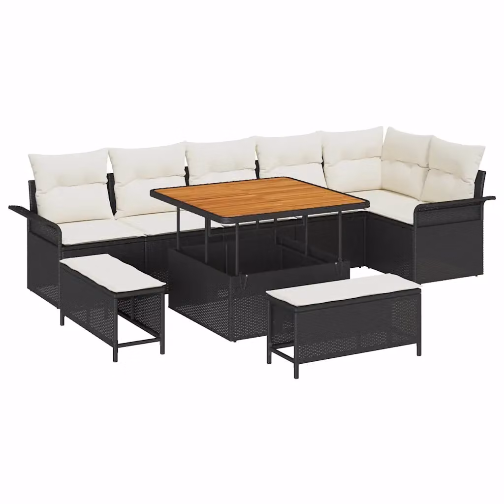 Set Divano da Giardino vidaXL in Polyrattan 9 Pezzi con Cuscini Nero e Beige per 8 Persone – 2