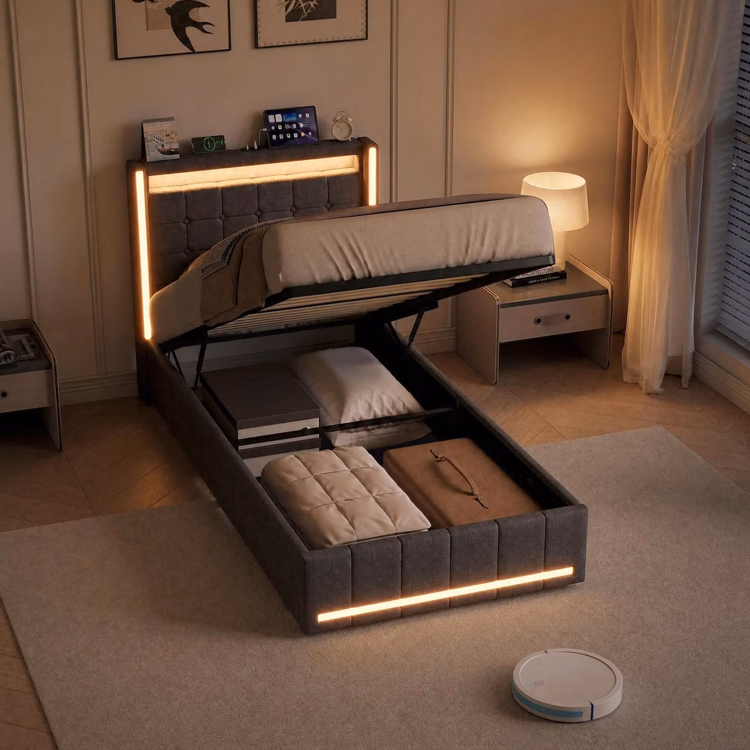 Letto singolo UnboxG 90x200 cm con spazio contenitore, cassone sotto il letto con sistema idraulico, luci LED, prese USB e Type-C e rete a doghe, in lino, colore grigio