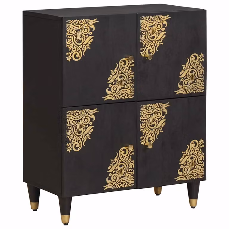 Credenza moderna vidaXL in legno di mango massello con porta, Nero e Oro, L: 60 cm, P: 33 cm, H: 75 cm