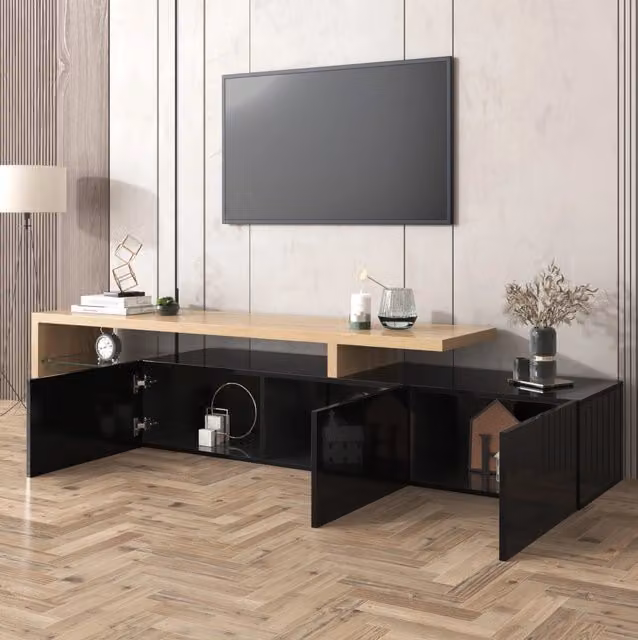 Mobile TV moderno con LED a 7 colori; 197;5 cm; in MDF e vetro; nero e naturale