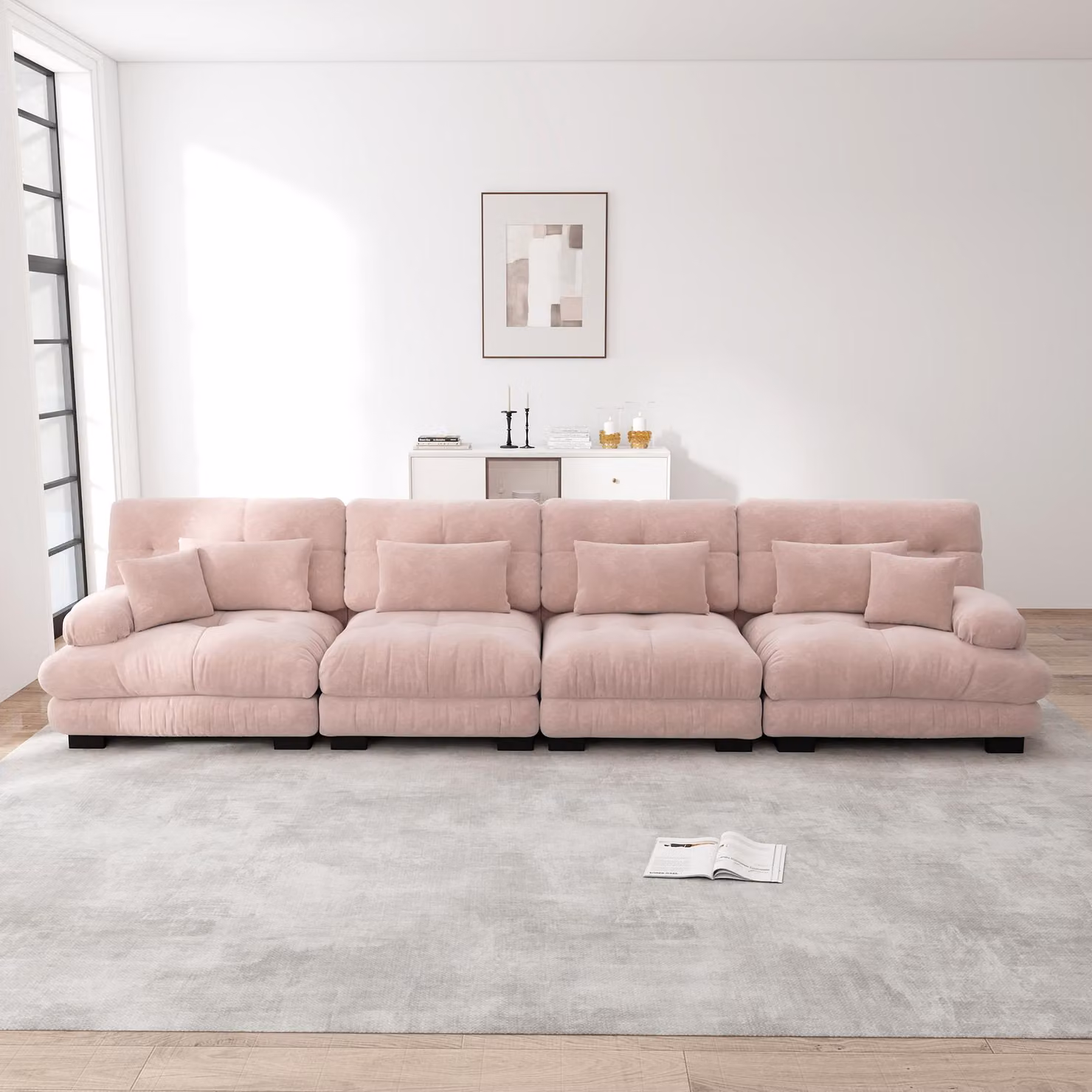Divano angolare modulare Sweiko a 4 posti con seduta profonda, divano letto in ciniglia Comodo imbottito per soggiorno, appartamento, studio, ufficio, ciniglia rosa