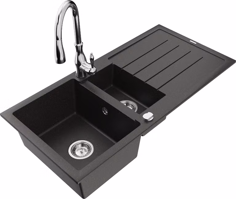 Mexen Andres lavello in granito 1,5 vasca con scolapiatti e miscelatore cucina Savita, nero/oro metallizzato- 6515-75-672601-00