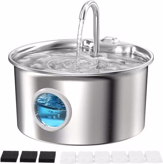 Fontana automatica per gatti da 2,6 L in acciaio inossidabile con luce LED e filtri