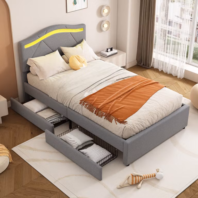 Letto imbottito MODFU 90x200cm con cassettiera, letto per ragazzi con illuminazione della stanza e testata regolabile, grigio (senza materasso)