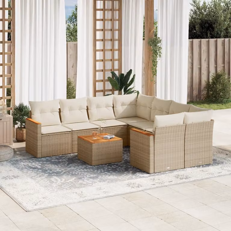 vidaXL Set Divano da Giardino a L 9 pz con Cuscini Beige e Tavolino in Polyrattan e Acciaio