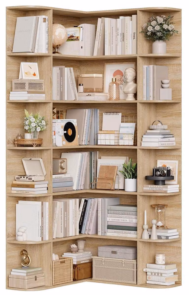 Scaffale angolare per libri, altezza 185 cm, legno di quercia, 6 ripiani, forma a L