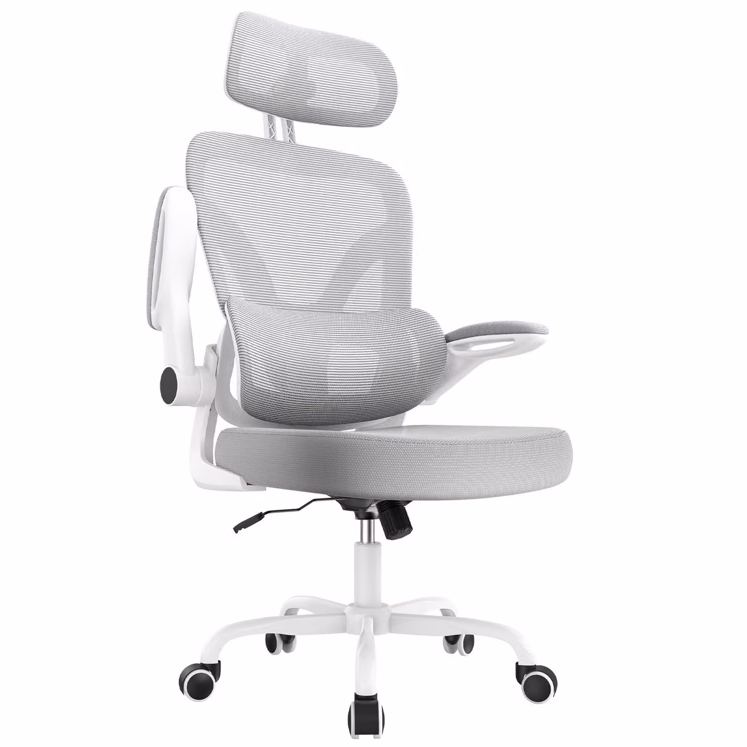 Sedia da ufficio ergonomica con poggiatesta e braccioli regolabili, rivestimento in rete traspirante, supporto lombare e per la schiena, e funzione basculante