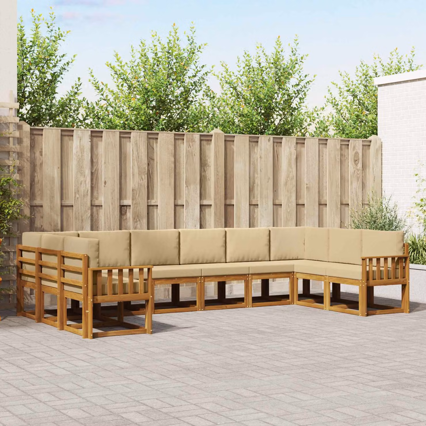 Set di divani da esterno vidaXL a forma di L in legno di acacia con cuscini, Beige e Marrone