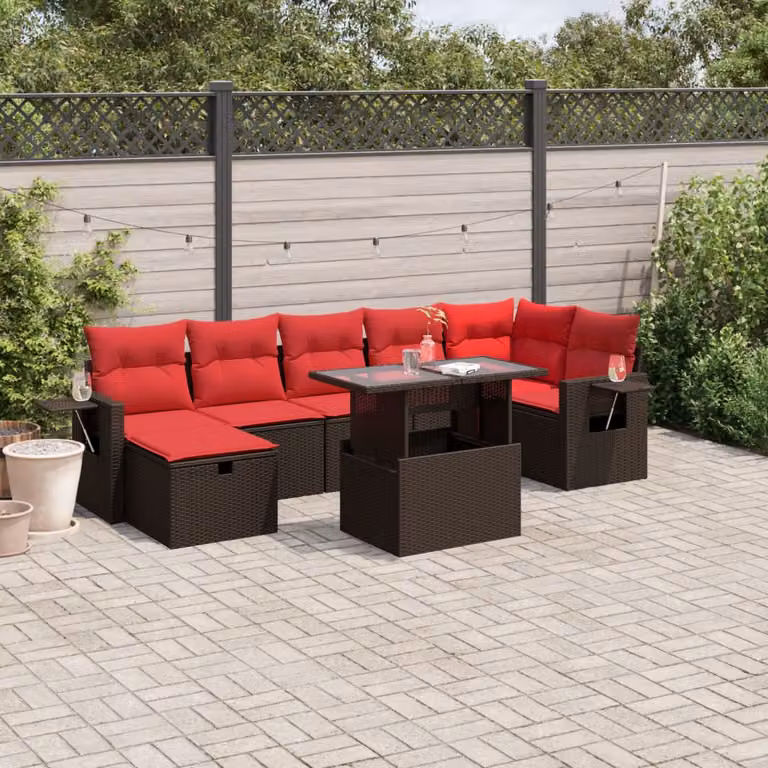 Set di divani da giardino vidaXL 8 pezzi in polyrattan marrone con cuscini e tavolino da esterno