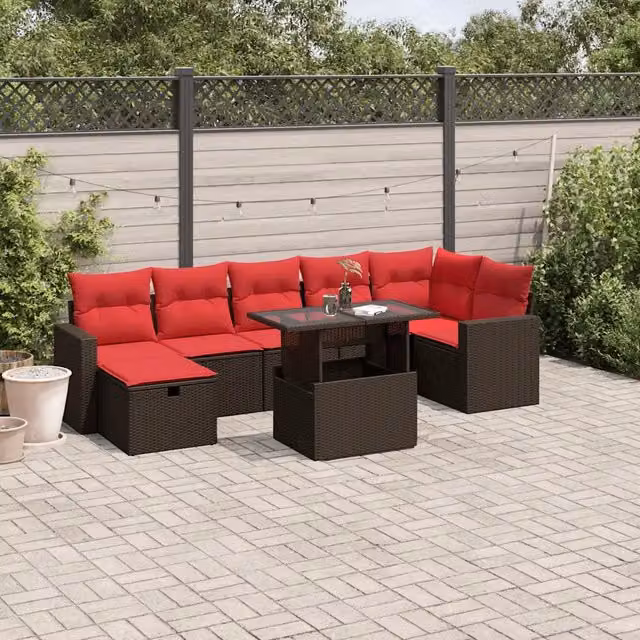Set di divani da giardino vidaXL composto da 8 pezzi con cuscini marroni in polyrattan e struttura in metallo