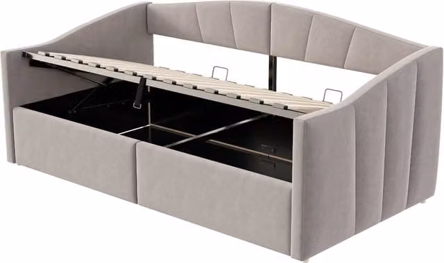Letto singolo imbottito in velluto grigio con contenitore idraulico L/P/H: 90 x 200 cm – 1