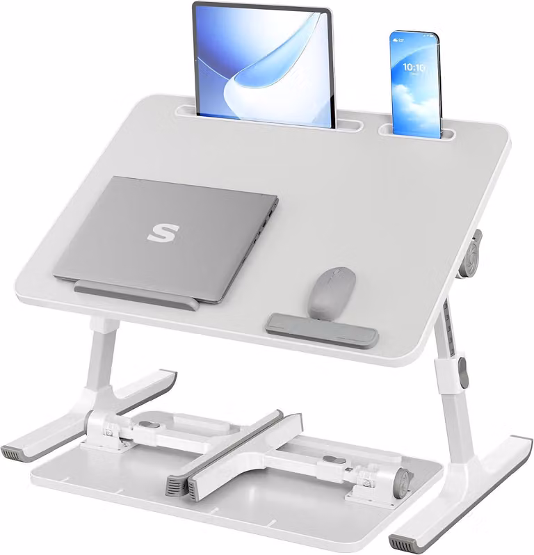 Tavolino regolabile per laptop - Tavolino da letto con cassetto - Realizzato in alluminio e truciolato - Dimensioni: 60 x 40 x 25 cm - Colore: bianco