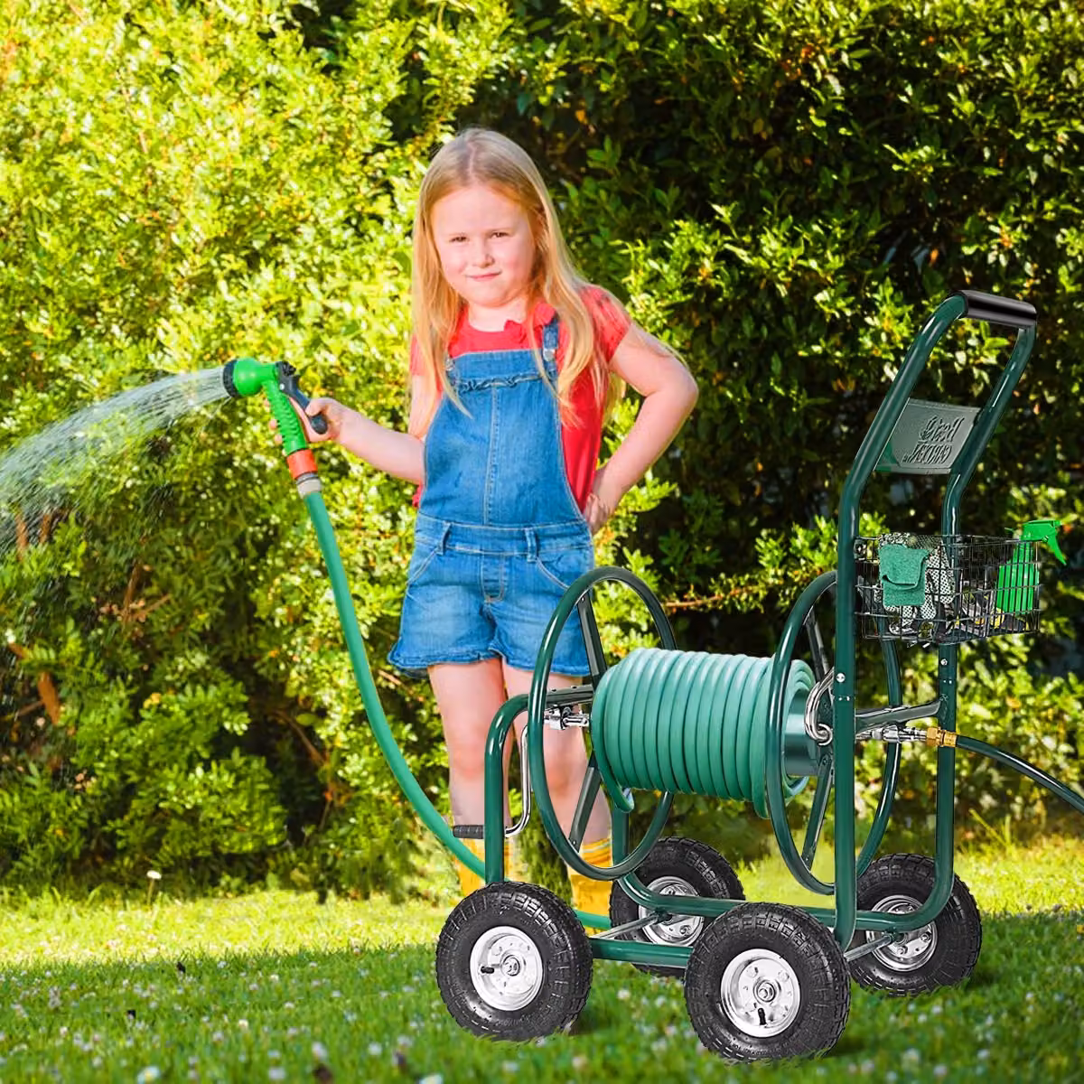 Costway Carrello Avvolgitubo Professionale da Giardino in Metallo Verde con Ruote e Avvolgimento Manuale – 3